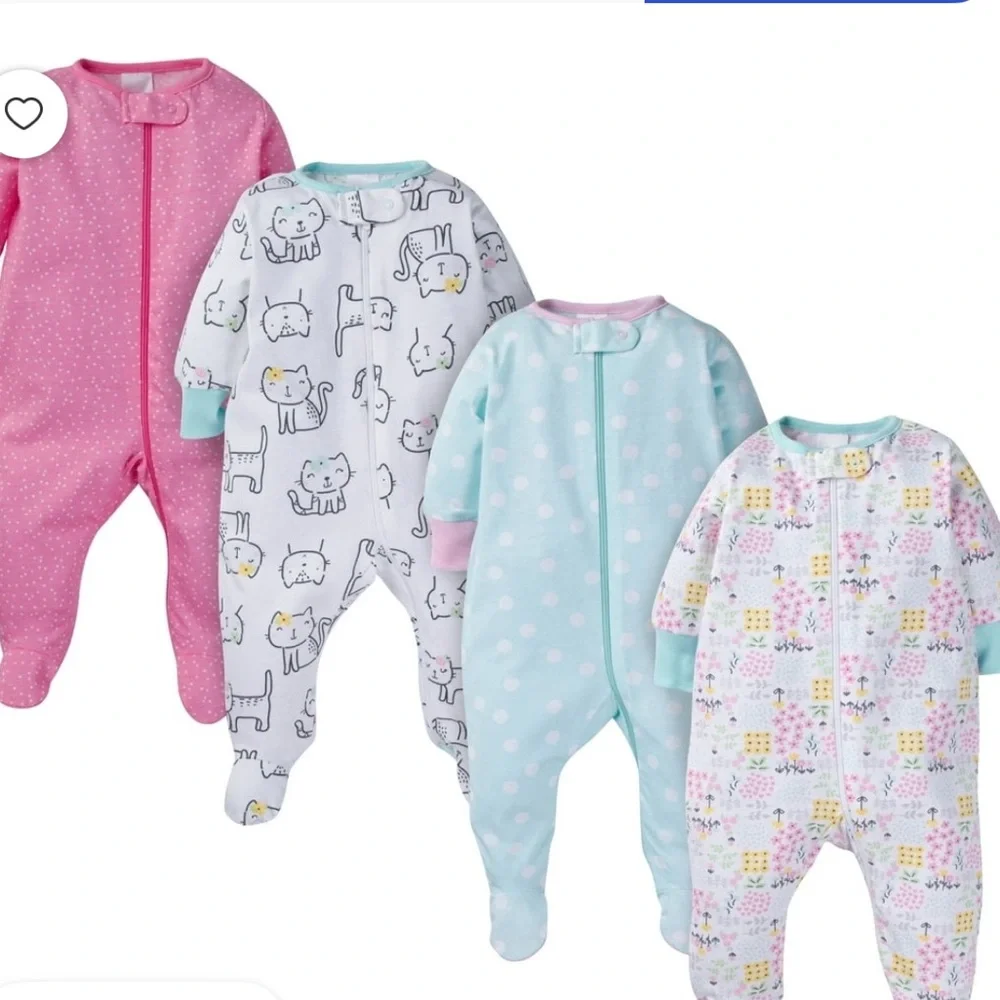 4-Pk Girls' Printed and Solid Footed Oneies One-Piece Sleepers Sz 6-9month
